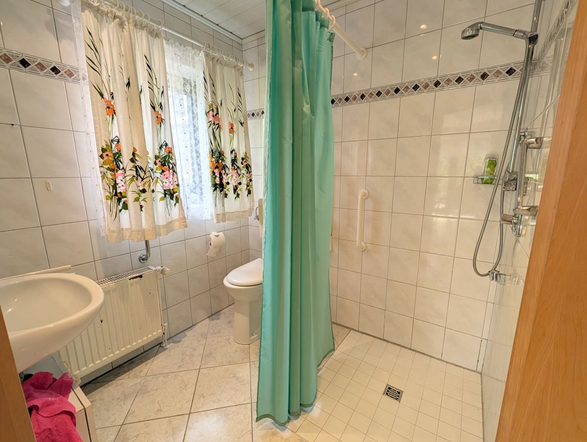 Badezimmer mit Dusche und WC im Anbau