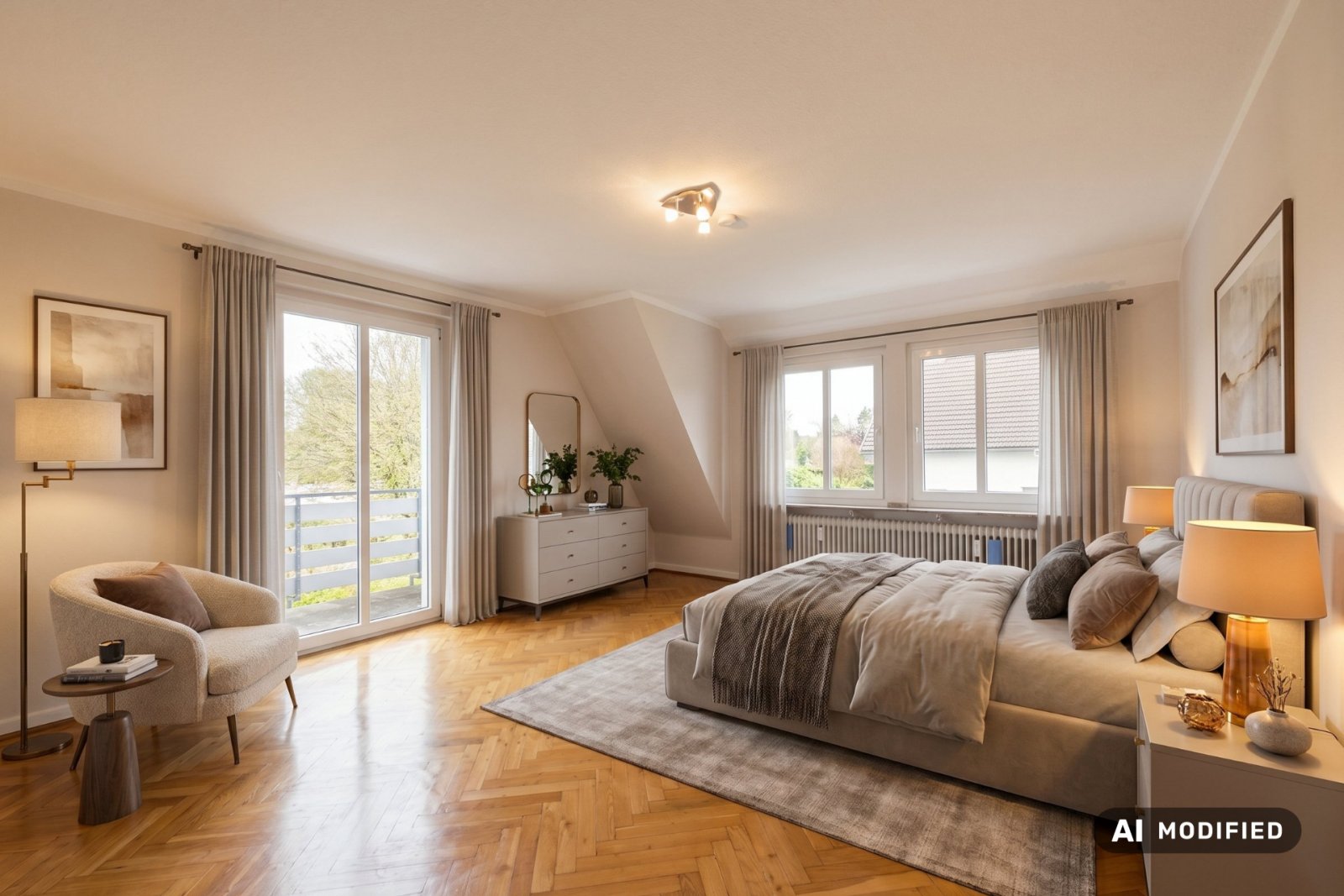 Schlafzimmer mit Parkettboden und Balkonzugang Schlafzimmer mit Parkettboden und Balkonzugang