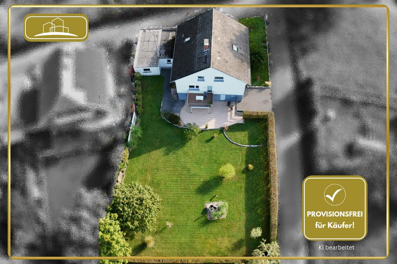 Luftaufnahme des Anwesens mit Garten und Terrasse Luftaufnahme des Anwesens mit Garten und Terrasse