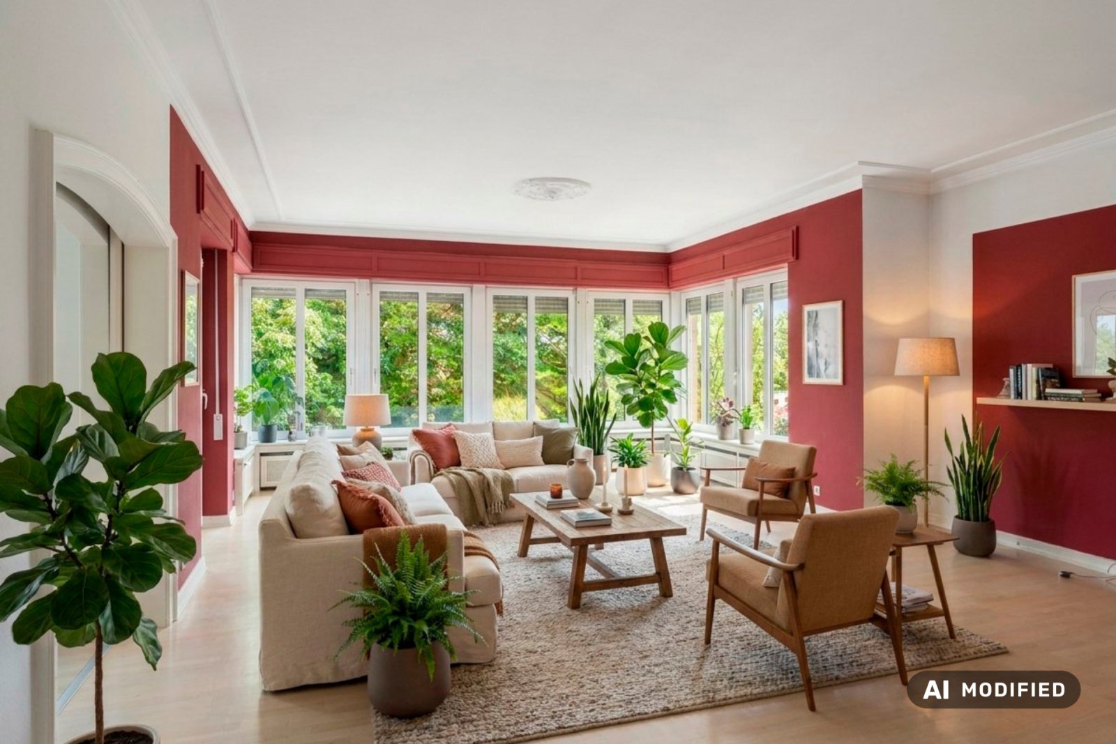 Wohnzimmer mit großzügiger Fensterfront und Gartenblick Wohnzimmer mit großzügiger Fensterfront und Gartenblick