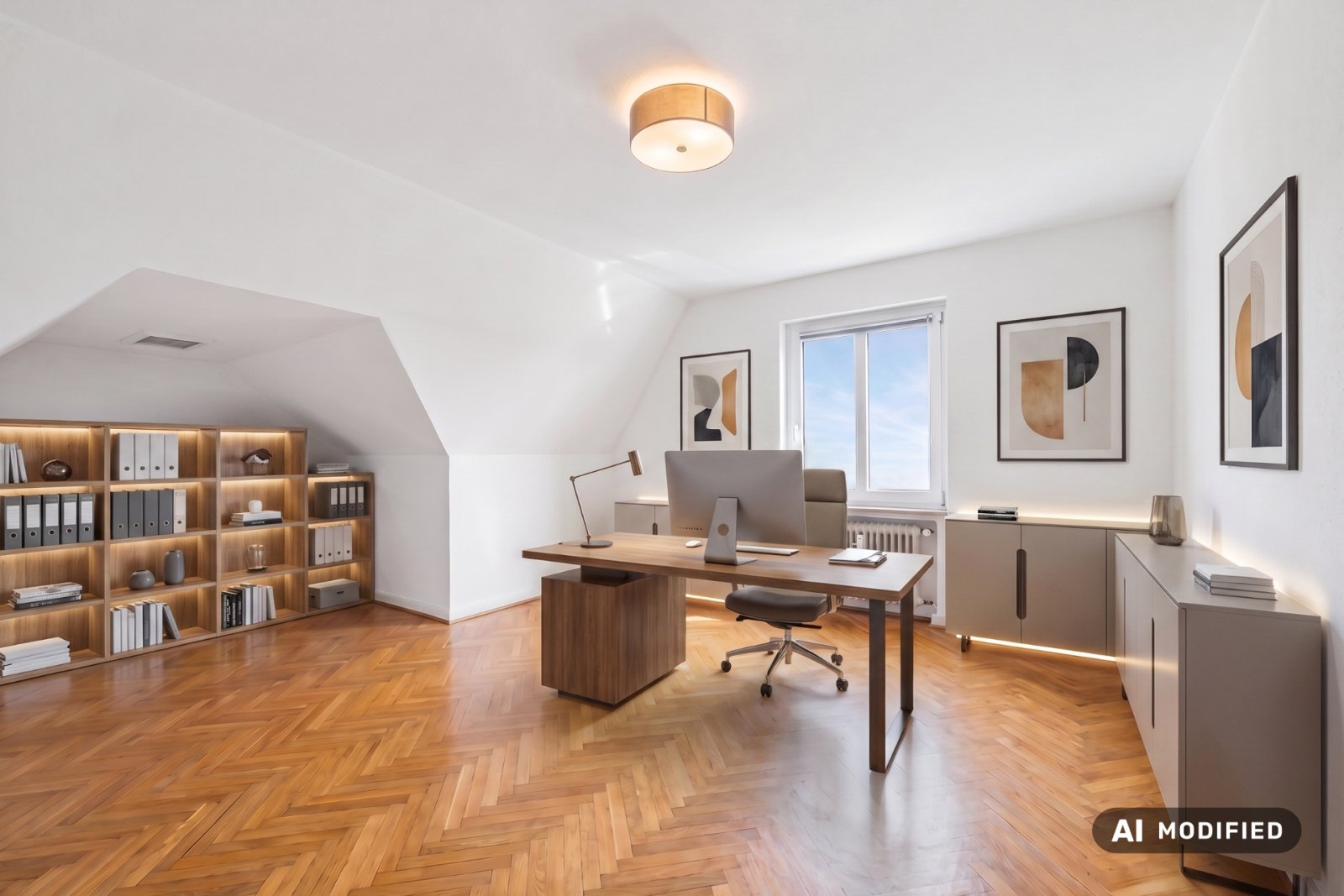 Helles Büro im Dachgeschoss mit Parkettboden Helles Büro im Dachgeschoss mit Parkettboden