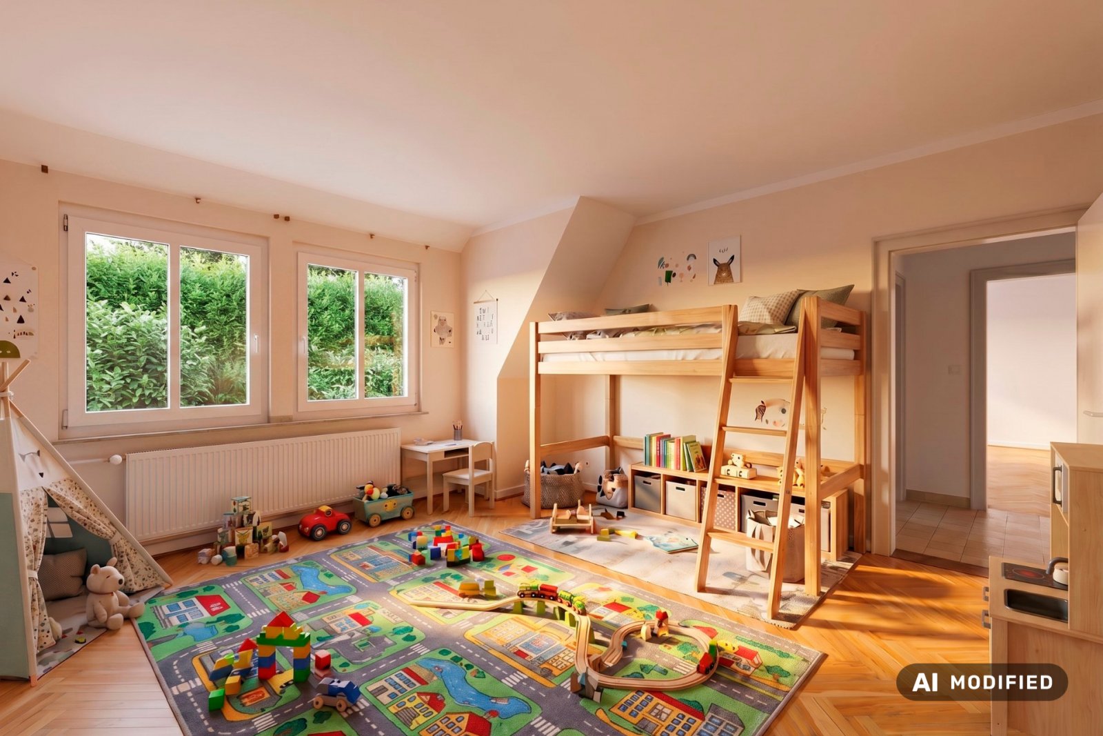 Kinderzimmer mit Hochbett und Spielbereich Kinderzimmer mit Hochbett und Spielbereich