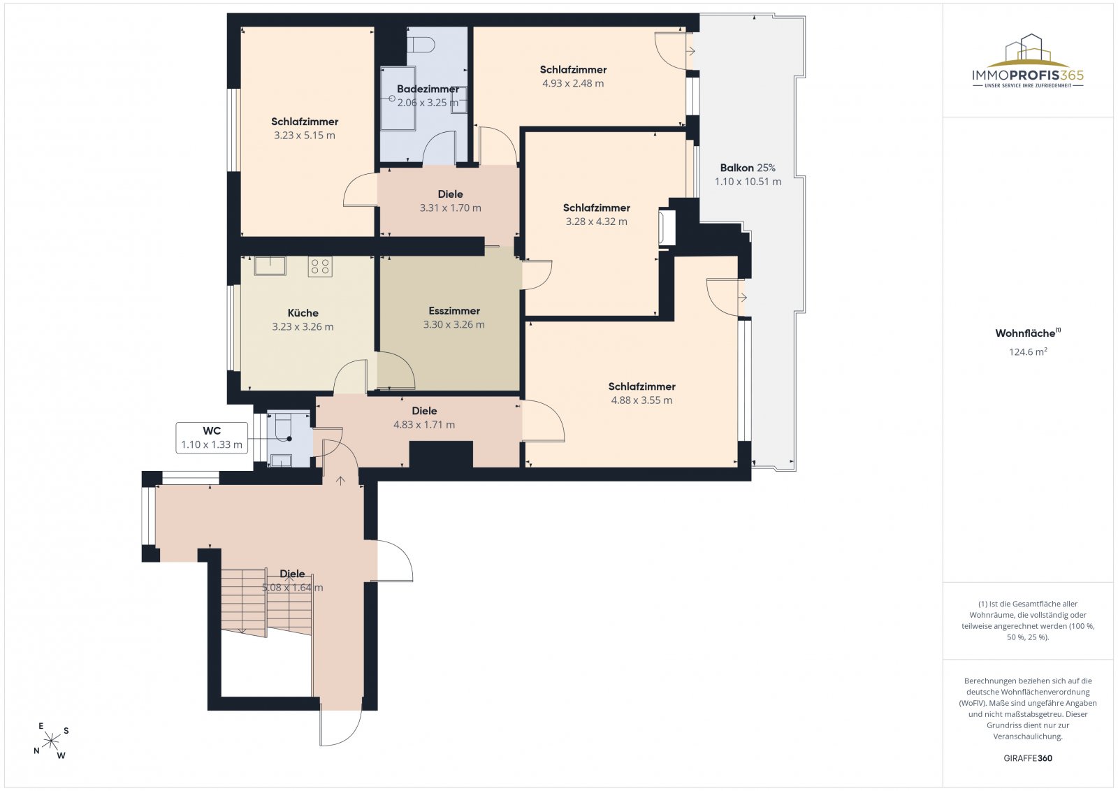 Grundriss mit vier Schlafzimmern, Küche und Balkon Grundriss mit vier Schlafzimmern, Küche und Balkon